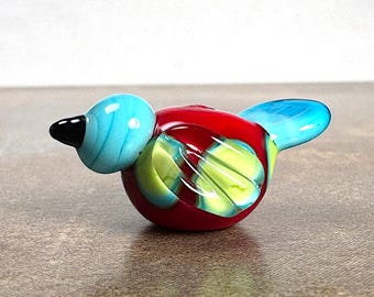 Lampwork Glass Bird Bead, Colorful Bird in Red, Turquoise Blue and Lime Green
