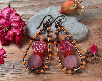 Teardrop Shaped Earrings Wire Wrapped with Czech Glass Flowers and Seed Beads in Pinks & Orange, Artisan Made, *Rustic Garden Series*