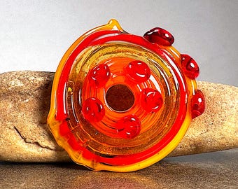 Brightly Colored Large Borosilicate Glass Disc, Large Lampwork Focal Bead for Jewelry Designs, Jibber Jabber, Orange, Yellow & Red, 6mm Hole
