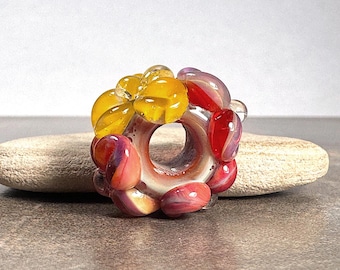 One of a Kind Lampwork Glass Boro Flower Focal Bead with 7mm Hole and Light Caramel Base, Ready to Ship