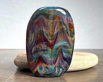 Borosilicate Glass Lampwork Focal Bead in Shades of Blue, Burgundy, Purple and Sparkly Green