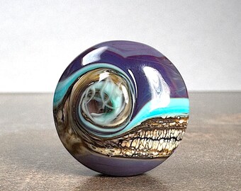 Artisan Made Lampwork Lentil Focal Bead in Lavender Purple with Stripes of Silvered Ivory, Aqua, Dark Purple for Jewelry Designs or Pendant