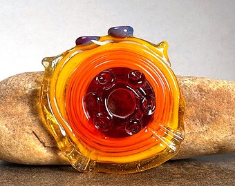 Borosilicate Lampwork Glass Focal Disc, Large Lampwork Focal Disc Bead with 6mm Hole for Jewelry Designs, Jibber Jabber, Orange, Yellow, Red