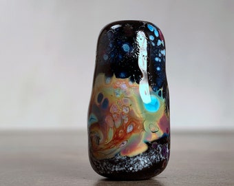 Artisan Lampwork Focal Bead in Black Swirled with Frit & Raku Shards for Jewelry Designs or Pendant, Divine Spark Designs