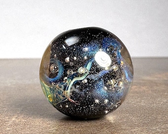 Chunky Round Art Glass Bead in Galaxy Style for Jewelry Designs in Black with Blue Silver Glass and Dichroic Glass