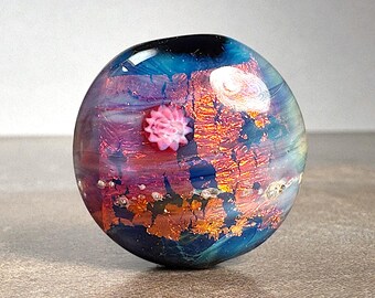 One of a Kind Art Glass Focal Bead for Jewelry Designs, Fire Opal Style Lentil Shape Lampwork Bead or Pendant in Blue, Orange, Pink