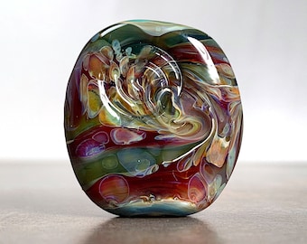 One of a Kind Borosilicate Glass Tabular Lampwork Focal Bead in Shades of Purple, Ruby, Burgundy, Blue, Unique Bead for Jewelry Designs