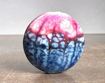 Lampwork Glass Focal Bead for Jewelry Designs, Lentil Shape Layered with Blue Pink Purple Enamel Powders
