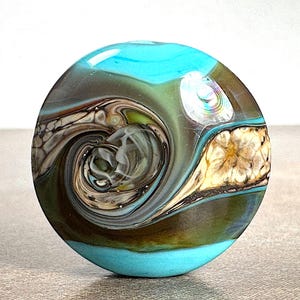 Turquoise Blue Lentil with Stripes in Silvered Ivory & Silver Glass, Lampwork Glass Focal Bead for Jewelry Designs