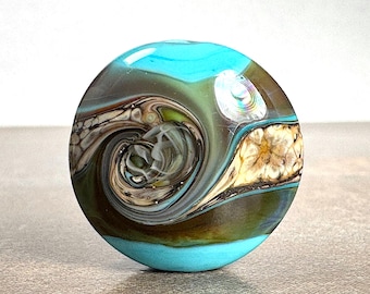 Turquoise Blue Lentil with Stripes in Silvered Ivory & Silver Glass, Lampwork Glass Focal Bead for Jewelry Designs