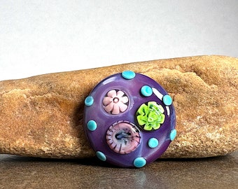 Artisan Glass Lampwork Cabochon in Purple with Murrini for Bead Embroidery or Jewelry Designs