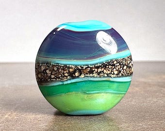 Lampwork Art Glass Focal Bead Lentil in Turquoise Blue with Stripes of Silvered Ivory, Purple and Greens for Jewelry Designs