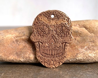 Rustic Handmade Bronze Metal Clay Sugar Skull Pendant, Bronze Focal Bead for Jewelry Designs, Day of the Dead Charm