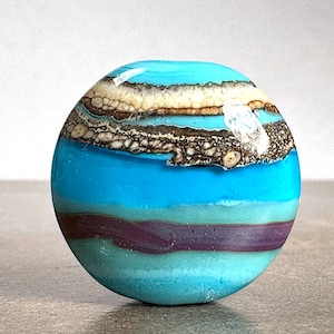 Lampwork Art Glass Focal Bead Lentil in Turquoise Blue with Silvered Ivory Stripes, Aqua Blue and Purple for Jewelry Designs, Unique