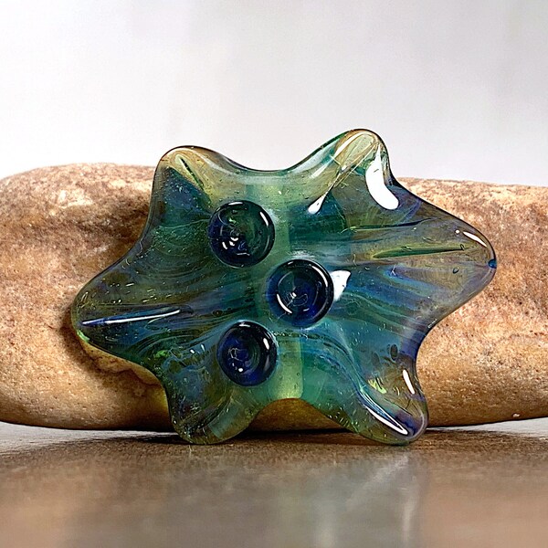 Handmade Lampwork Focal Bead for Jewelry Designs in Borosilicate Glass, Amoeba Shape, Pretty Green/Blue