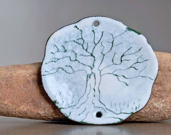 Tree of Life for Jewelry Designs, Enameled Copper Sgraffito Pendant, Enamel Jewelry Connector