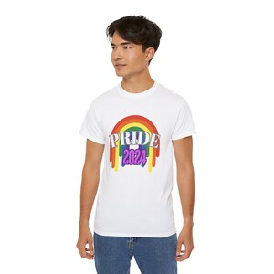 LGBTQIA Pride 2024 Dripping Rainbow T-Shirt Short Sleeve unisex fun statement shirt bright Colorful
