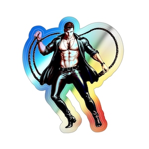 Holographic Sticker Tom of Finland inspired Leather Man with Whip Pride LGTB Gay Hunk Pin up Premium Holographic Die-cut in various sizes