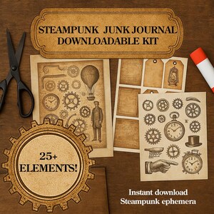 Vintage Steampunk Junk Journal Kit Download – Printable Ephemera, Collage Pages, Tags & Backgrounds – Instant Digital Download