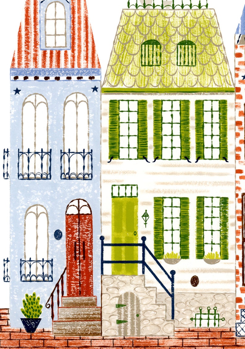 May include: A colorful illustration of three houses with different architectural styles. The first house is blue with red and white striped roof, the second house is white with a green roof and green shutters, and the third house is red brick with a white trim.