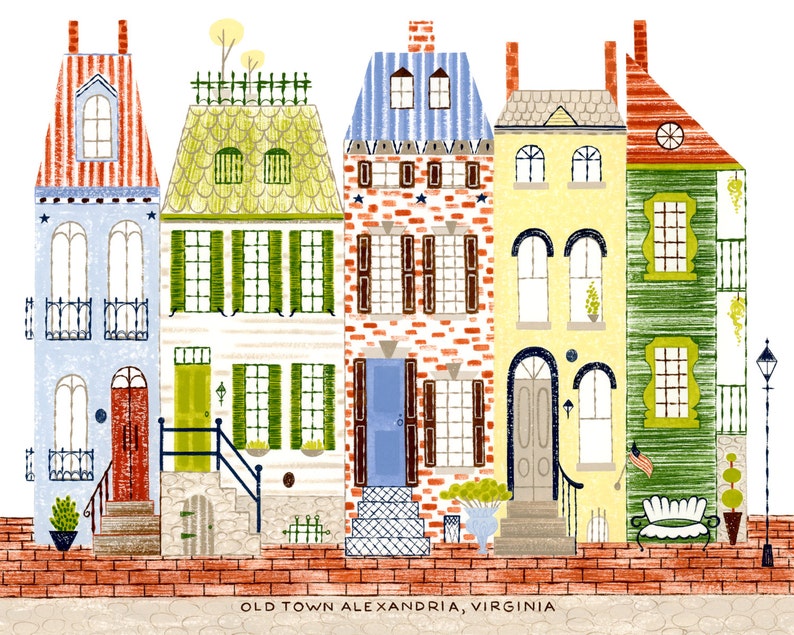 May include: A colorful illustration of five houses in a row with red brick sidewalks and the text "OLD TOWN ALEXANDRIA, VIRGINIA". The houses are painted in shades of blue, green, yellow, and red with white trim. Each house has a unique design and features, including a green roof, a blue door, and a white picket fence.
