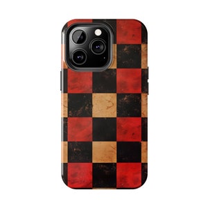 Caja de tablero de ajedrez de madera roja y negra / Funda de teléfono de diseño único / iPhone 15/14/13/12 / La moda del teléfono encuentra fundas encantadoras para iPhone