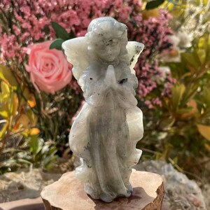 Pu&ograve; includere: Una piccola statuina di angelo in labradorite grigia con le ali spiegate e le mani giunte in preghiera. La statuina &egrave; scolpita in un unico pezzo di labradorite, che le conferisce un'unica lucentezza iridescente.