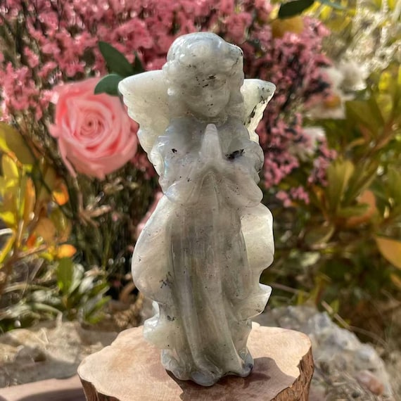Hand Carved Labradorite Angel, Mineral Quartz Crystal, 4" Reiki Healing