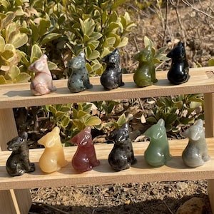 May include: Ten small carved stone animal figurines, likely wolves, in various colors including green, black, red, white, and gray. The figurines are arranged in two rows on a wooden shelf.