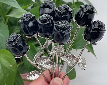 6" Natural obsidian Quartz Crystal，Hand Carved rose ,rose Holiday gift， rose Home decoration ，Gem ,Mineral Crystal carving，Couple gift 1pc