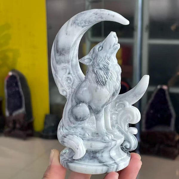5" Hand-Carved Natural Tai Chi Stone crystal Wolf, Home decoration,Holiday gifts，Reiki healing
