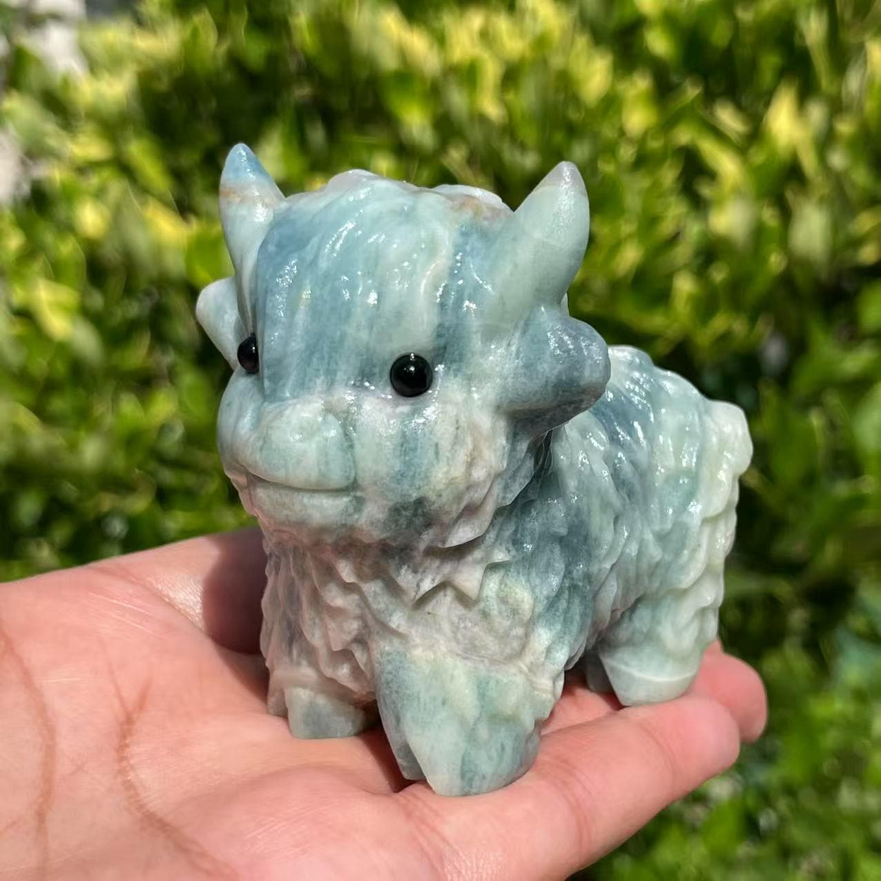 3" Natural crystal Blue sky and white clouds , carved Highland Cow, home decor, gemstone, Holiday gift,birthday gift,Reiki healing crystal