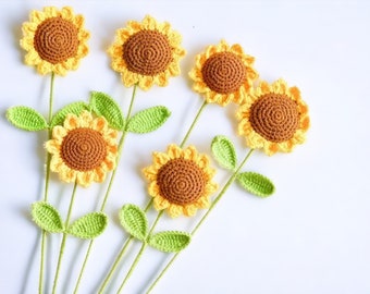 Hand-Woven Crochet Sunflower Artificial Flowers | Dark Light Color Branch Bouquet | Fake Wedding Graduation Home Garden Room Decor