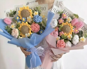 Bouquet di girasoli e rose intrecciati a mano / Fiori artificiali in filato lavorato a maglia / Prodotto finito / Regalo di compleanno di San Valentino