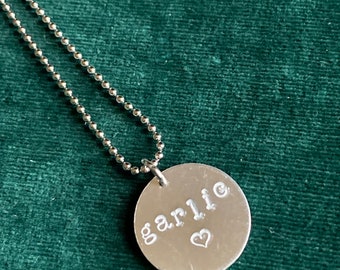 Garlic food love necklace, hand stamped pendant.  Ball chain included