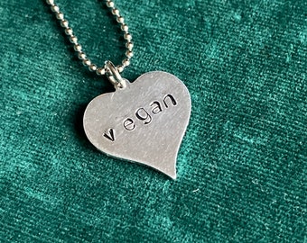 Vegan food love heart shaped necklace, hand stamped pendant.  Ball chain included