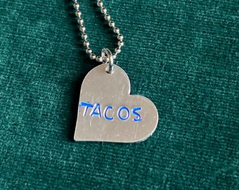 Tacos food love heart shaped necklace, hand stamped pendant.  Ball chain included