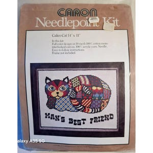 Caron Needlepoint Kit Calico Cat 14&quot; X 11&quot; 100% Cotton Canvas & Acrylic Yarn Complete Craft Set No Frame