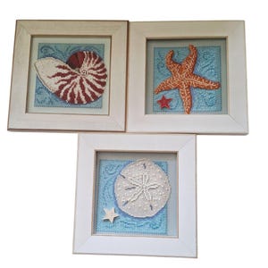 Mill Hill Set Of 3 Framed Coastal-Themed beading Needlepoint Art With Seashell Starfish & Sand Dollar