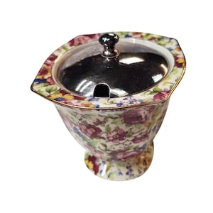 Royal Winton Grimwades Summertime Floral Chintz Mustard Pot With Silver Lid Made In England 4.5 Inches Tall.