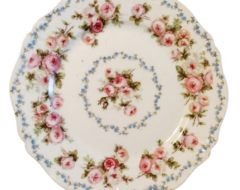 Antyczny talerz porcelanowy Haviland Limoges France z różowymi różami i delikatnymi niebieskimi kwiatami