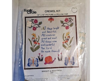 Kit de bordado "Bright and Beautiful" de Family Circle, años 70, de 35 x 35 cm, para cuadros o cojines, con hilo acrílico y tela de lino.