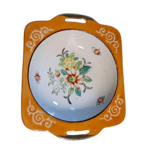 Vintage Mid-Century Square Floral Enamel Bowl With Handles Made In Japan - Orange & White With Hand-Painted Design