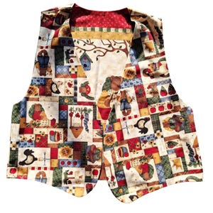 May include: A patchwork vest featuring a whimsical design with bears, birds, and other nature-themed illustrations. The vest has a red lining and a variety of colorful squares. The vest is sleeveless and has a V-neck.