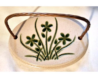 Vintage Handcrafted Ceramic Napkin Holder With Floral Design & Metal Handle