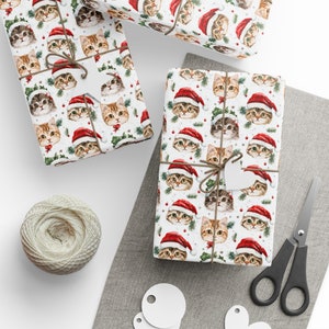 Christmas Cat Christmas Wrapping Paper, Cute Cats in Santa Hats, Holiday Gift Wrap for Pet Lovers, Fun Adorable Wrapping Paper, 3 Sizes