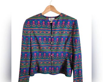 Vintage 90's Adrianna Papell 100% Silk Colorful  Printed Button-up Jacket Size 6