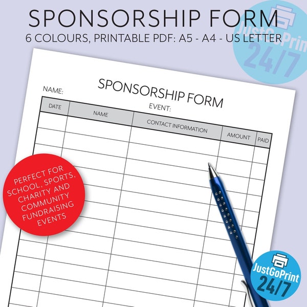 Sponsorship Form - Printable Fundraiser Form - Charity Fundraiser Donation List - Sponsor Template - Sponsor Form - Instant Download PDF