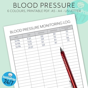 Registro de presión arterial imprimible - Plantilla de seguimiento de presión arterial alta - Hipotensión - Hipertensión - Diario de frecuencia cardíaca - A4, A5, Carta de EE. UU. PDF