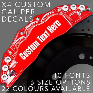 4 x Custom Text Here Design Logo Brake Caliper Decals Vinyl Stickers - 3 Sizes - 22 Colours - 10 Fonts
